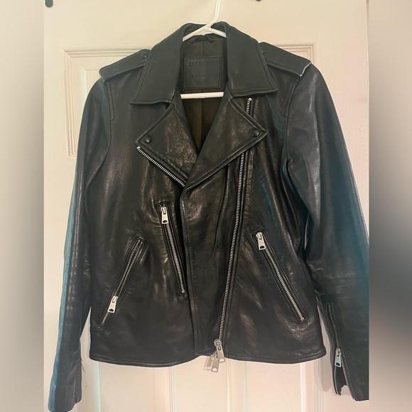 AllSaints Elva Leather Biker Jacket Size 6 Black - Picture 4 of 6
